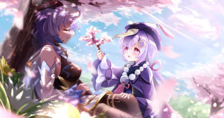 Qiqi and Ganyu from Genshin Impact sit beneath cherry blossoms, Qiqi offering a bloom to Ganyu amid soft sunlight — 2K Quad HD PC desktop wallpaper of the video game.
