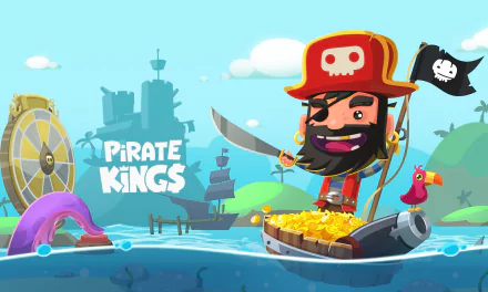 HD desktop wallpaper for Pirate Kings featuring a cheerful cartoon pirate with a treasure chest on a boat, a parrot, and a spin wheel.