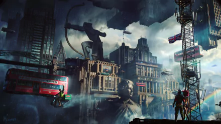 HD PC desktop wallpaper/background: dramatic sci‑fi cityscape with towering futuristic buildings, hovering ships and cranes, rain‑slick streets and silhouetted figures.