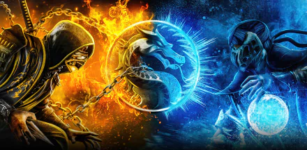 4K Ultra HD wallpaper featuring Mortal Kombat 2021’s iconic characters Sub-Zero and Scorpion in an epic fiery and icy showdown.