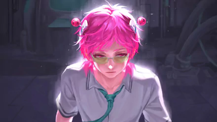 4K Ultra HD wallpaper of Saiki Kusuo from the anime The Disastrous Life of Saiki K., featuring his distinct pink hair and glasses in a detailed, moody setting.
