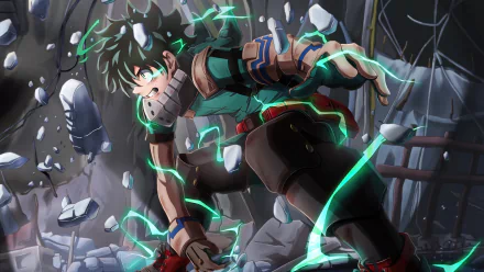 Izuku Midoriya from My Hero Academia powers up amidst rubble, showcasing his determination and strength in this dynamic 4K Ultra HD anime wallpaper.