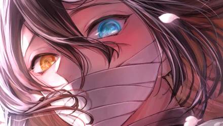 Close-up 4K Ultra HD anime wallpaper of Obanai Iguro from Demon Slayer, highlighting his distinctive heterochromia with one blue and one amber eye.