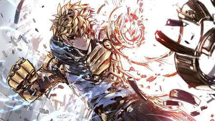 4K Ultra HD anime wallpaper featuring Genos from One-Punch Man in dynamic battle pose with glowing energy and shattered debris background.
