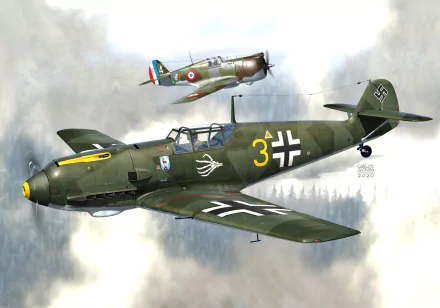 2K Quad HD PC desktop background of a military Messerschmitt Bf 109 warplane aircraft, olive camo with German markings and yellow nose, flying through cloudy skies with an RAF escort.