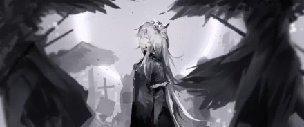 2K Quad HD PC wallpaper of Lappland (Arknights): monochrome scene of the long-haired operator in a graveyard, torn cloak and crows under a pale moon — video game background.