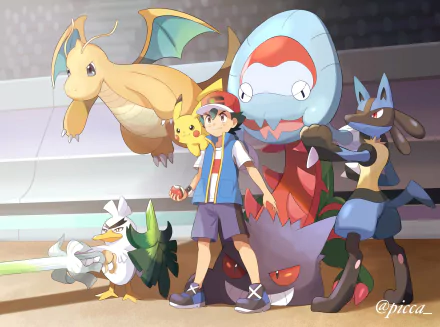 Anime-style HD desktop wallpaper featuring Ash Ketchum with brown eyes and black hair, wearing shorts and a cap, surrounded by Pokémon including Pikachu, Gengar, Dragonite, Lucario, Sirfetch’d, and Dracovish.