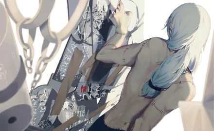 4K Ultra HD anime wallpaper featuring Mahito from Jujutsu Kaisen, showing his back and hand touching a reflective surface with dark, mysterious tones.