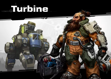 HD desktop wallpaper of Turbine featuring a detailed illustration of an animated character with a robotic suit and mechs in the background, tagged with Dropzone.