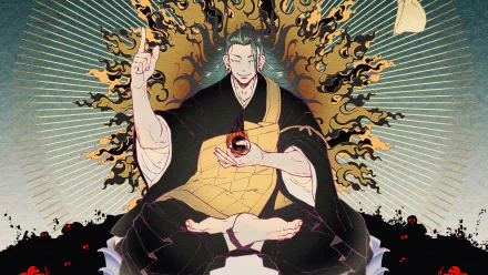 4K Ultra HD anime wallpaper featuring Suguru Geto from Jujutsu Kaisen, depicted in a dynamic pose with black flames and radiant background elements.