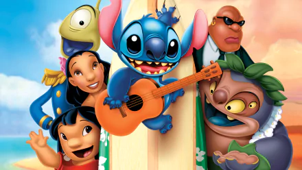 HD desktop wallpaper featuring Lilo, Stitch, and other characters from the movie Lilo & Stitch in a vibrant, colorful scene.