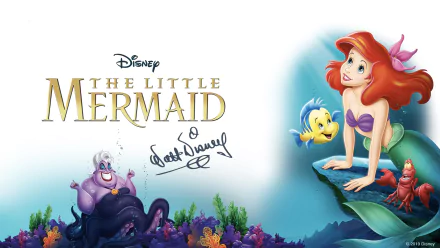 HD desktop wallpaper featuring Ariel with red hair, Flounder, Sebastian, and Ursula from Disney's The Little Mermaid (1989) alongside the movie logo and Walt Disney's signature.