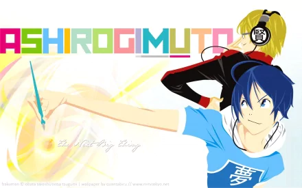 HD anime wallpaper featuring vibrant Bakuman characters in dynamic poses with colorful text ASHIROGIMUTO in the background, designed for PC desktop use.