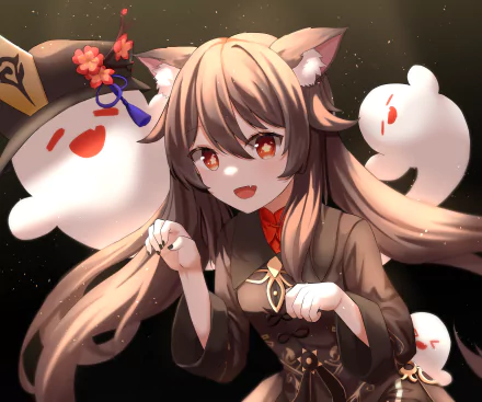 4K Ultra HD PC wallpaper featuring Hu Tao from the video game Genshin Impact, depicted with a cheerful expression and surrounded by ghostly companions.