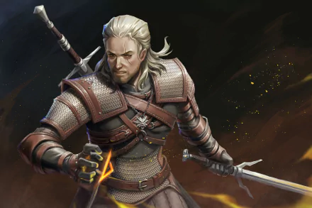 HD PC desktop wallpaper featuring Geralt of Rivia from the video game The Witcher 3: Wild Hunt in battle-ready armor wielding swords.