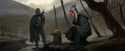 HD desktop wallpaper featuring Star Wars characters The Mandalorian, Baby Yoda, and Ahsoka Tano in a misty forest scene from The Mandalorian TV show.
