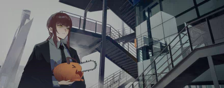 HD desktop wallpaper featuring Makima from the anime Chainsaw Man, standing in front of a modern, industrial-style staircase holding a pumpkin-shaped object with a chainsaw blade.