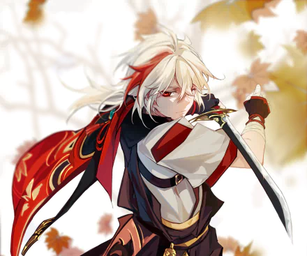 HD desktop wallpaper featuring Kaedehara Kazuha from the video game Genshin Impact. Kazuha is depicted with brilliantly detailed attire, holding a sword against a backdrop of autumn leaves.