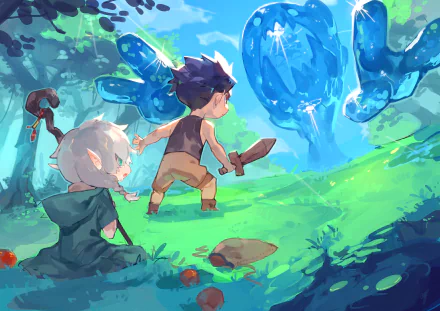 A HD anime wallpaper featuring an elf child with a staff and a young boy with a sword facing a mysterious, translucent blue monster in a vibrant, lush forest.
