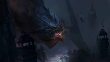 HD fantasy desktop wallpaper featuring a fierce dragon emerging from shadows amidst a dark, mystical landscape.