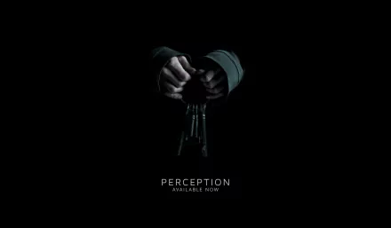 HD desktop wallpaper featuring a dark theme with a close-up of hands holding keys, titled Perception - Available Now.