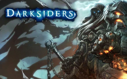 HD PC desktop wallpaper featuring a dark, armored character from the video game Darksiders with a stormy, ominous background and the Darksiders logo.