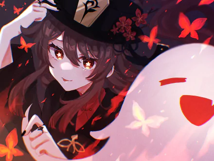 HD wallpaper of Hu Tao from Genshin Impact, featuring the character in a red and black outfit with glowing eyes, surrounded by fluttering red leaves and a ghostly white figure.