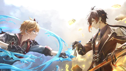 HD PC desktop wallpaper featuring Zhongli and Tartaglia Childe from the video game Genshin Impact, showcasing their dynamic poses and elemental powers.