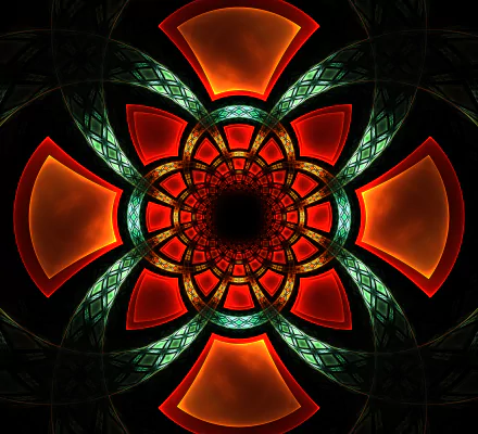 HD PC desktop wallpaper featuring an abstract fractal design with glowing red and green geometric patterns radiating from a central black void.