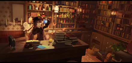 HD desktop wallpaper featuring Hu Tao from the video game Genshin Impact, depicted in a cozy, dimly lit library surrounded by books and alchemical items.