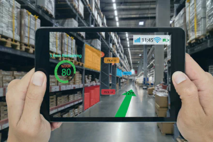 HD desktop wallpaper featuring a person using a tablet with augmented reality interface to navigate a warehouse environment.