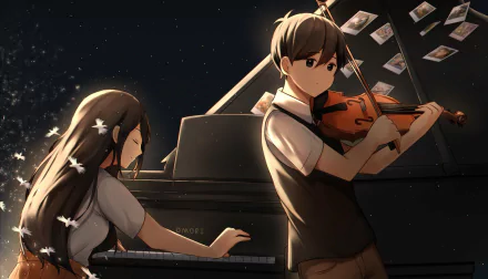 HD wallpaper featuring characters Sunny and Mari from the video game OMORI, with Sunny playing the violin and Mari playing the piano, captured under a night sky.