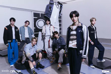 4K Ultra HD PC wallpaper of seven stylish young men posing in a studio; music-themed image, tagged ENHYPEN.
