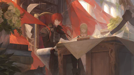 Diluc from Genshin Impact in a detailed 4K Ultra HD video game wallpaper, seated at a table in a grand room illuminated by warm sunlight.