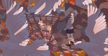 blue eyes brown hair short hair dog bird Anime girl anime girl Anime Bird HD Desktop Wallpaper | Background Image