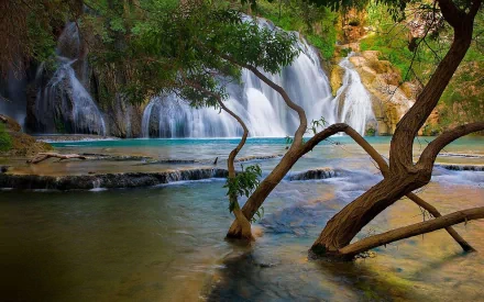 HD desktop wallpaper of a serene nature scene featuring a cascading waterfall surrounded by lush greenery and a tranquil pool of water.