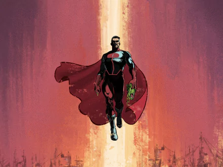 HD PC desktop wallpaper featuring Omni-Man from the TV show Invincible, depicted with a flowing red cape against a dramatic, glowing background.