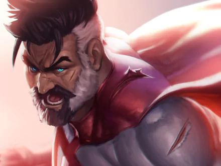 HD PC desktop wallpaper of Omni-Man from the TV show Invincible — close-up, enraged, glowing blue eyes, torn red cape and battle-scarred suit.