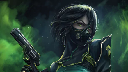 Viper from Valorant, depicted in a detailed 4K Ultra HD digital artwork, holding a pistol with a dark, smoky green background fitting the video game’s style.
