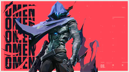 Omen from the video game Valorant stands hooded with glowing teal eyes, armored and shadow-wreathed against a red backdrop with repeated OMEN text — 4K Ultra HD PC desktop wallpaper.