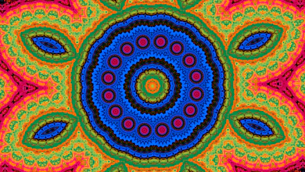 Vibrant abstract kaleidoscope design with concentric circular patterns in blue, pink, and green hues, presented as an HD PC desktop wallpaper and background.