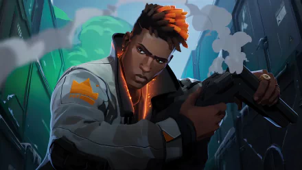 4K Ultra HD PC wallpaper featuring Phoenix from the video game Valorant, poised with a weapon in a dramatic urban setting.