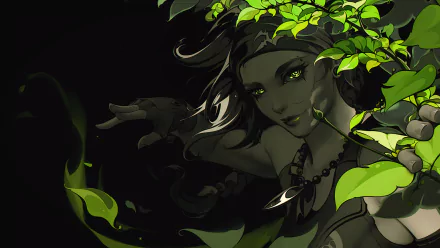 HD desktop wallpaper of Skye from the video game Valorant, featuring a detailed illustration of the character with vibrant green elements and plants.