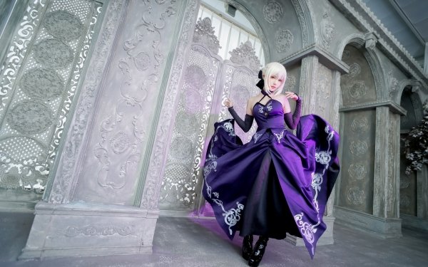 Women Cosplay Purple Dress White Hair Asian HD Wallpaper | Background Image