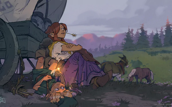 Cremia and Link rest beside a cart at dusk in a pastoral scene from The Legend of Zelda: Majora's Mask — 4K Ultra HD PC desktop wallpaper and background.