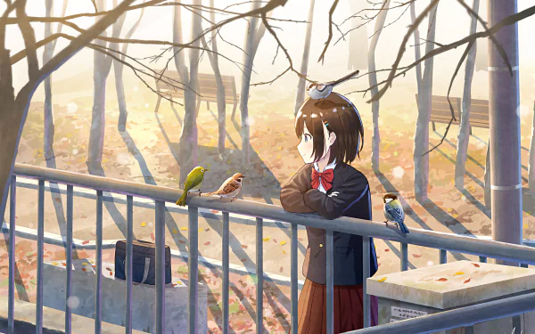 Anime girl in school uniform stands on a bridge surrounded by small colorful birds in a serene, light-filled autumn forest, rendered in 4K Ultra HD.