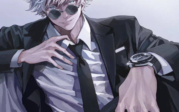 HD desktop wallpaper featuring Satoru Gojo from Jujutsu Kaisen. He has white hair, wearing sunglasses, a black suit, and a stylish watch.