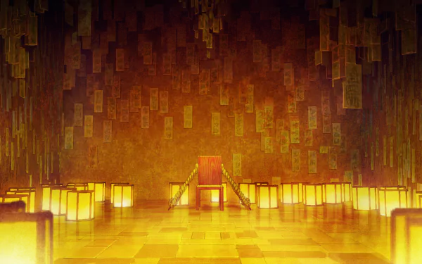 HD desktop wallpaper featuring a serene, golden-hued anime scenery from Jujutsu Kaisen, showcasing a mystical, illuminated room with floating talismans and a central throne.