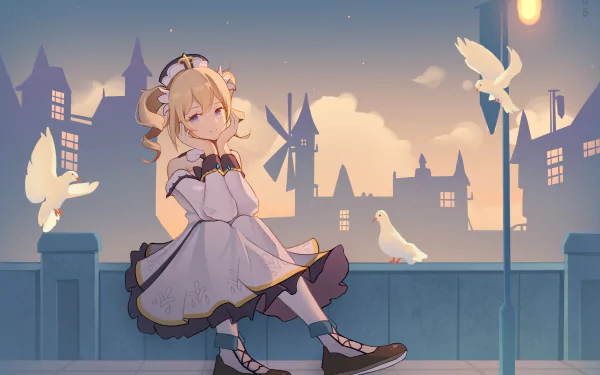 HD PC desktop wallpaper featuring Barbara from the video game Genshin Impact sitting on a rooftop at dusk, surrounded by white doves and cityscape silhouettes.
