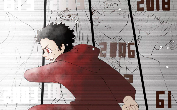 Takemichi Hanagaki from Tokyo Revengers in a red hoodie, crouched with a determined look against faded sketch panels and date numbers — HD PC desktop wallpaper background.